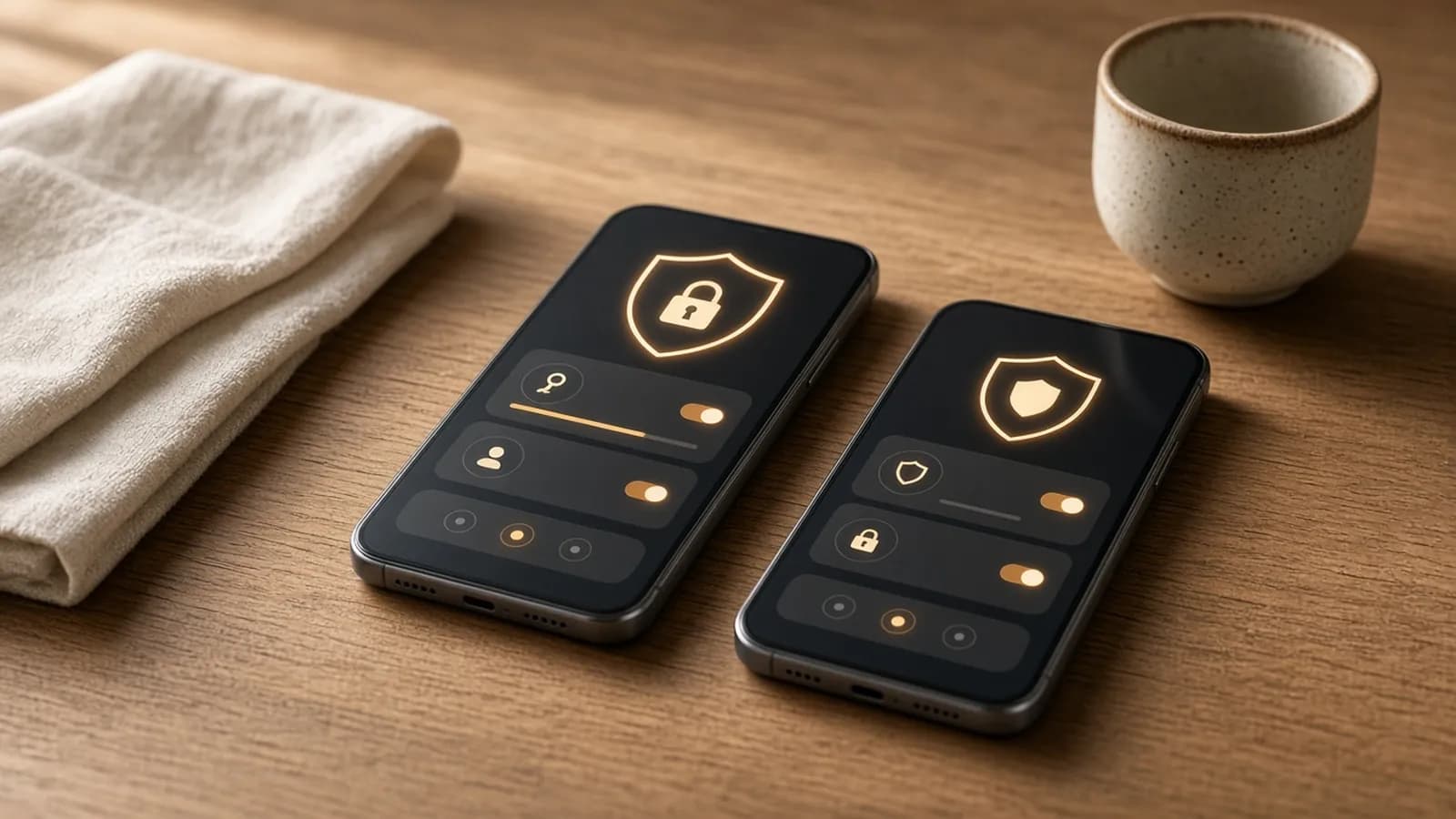 Two unbranded smartphones on a warm oak desk, each screen showing an abstract shield icon and security toggle switches