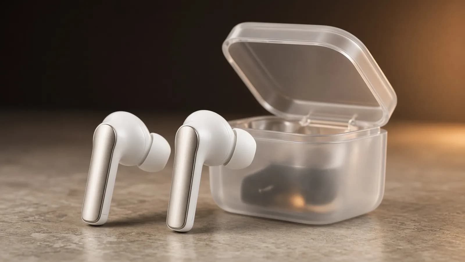 White stem-style wireless earbuds with brushed-metal blade stems in front of an open transparent clamshell charging case