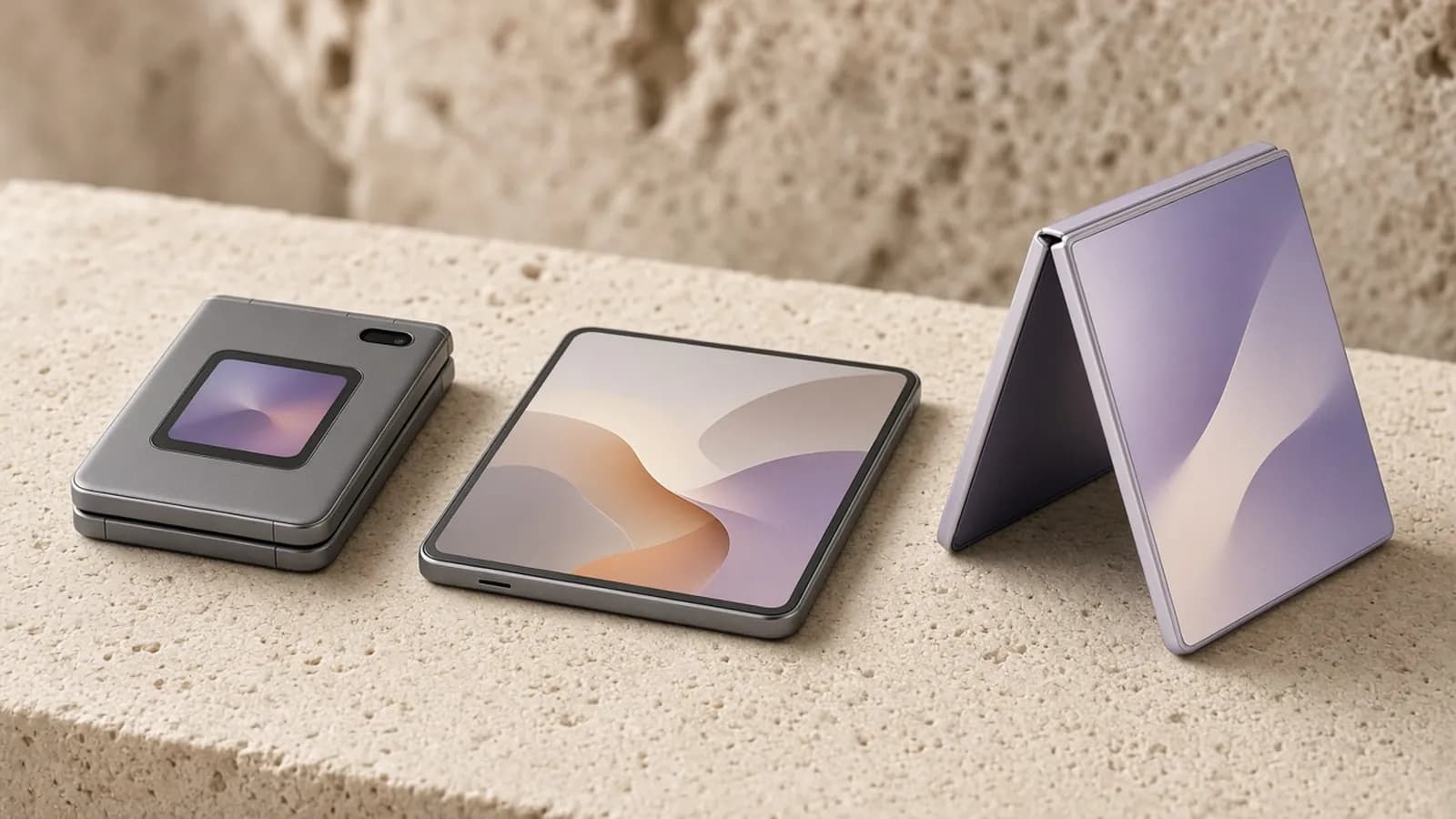 Three unbranded foldable phones on a stone ledge: a folded clamshell flip, a wide foldable opened flat and a tall book-style foldable standing half-open