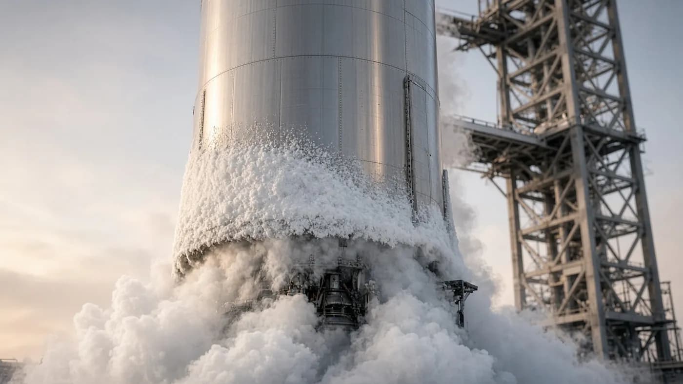 Low-angle view of a stainless-steel rocket booster covered in frost and wrapped in cryogenic vapor beside its launch tower