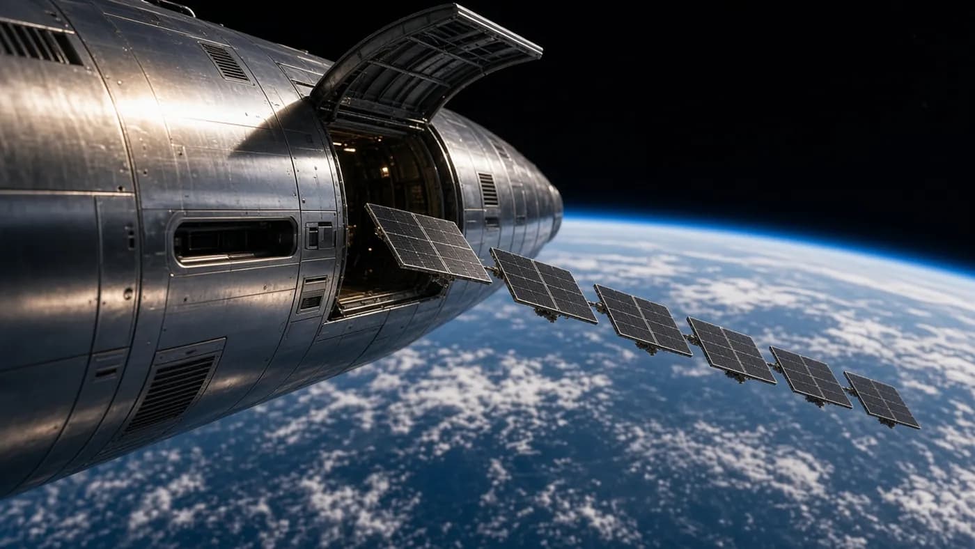 A stainless-steel spacecraft in orbit releasing a line of flat solar-paneled satellites above the blue curve of Earth
