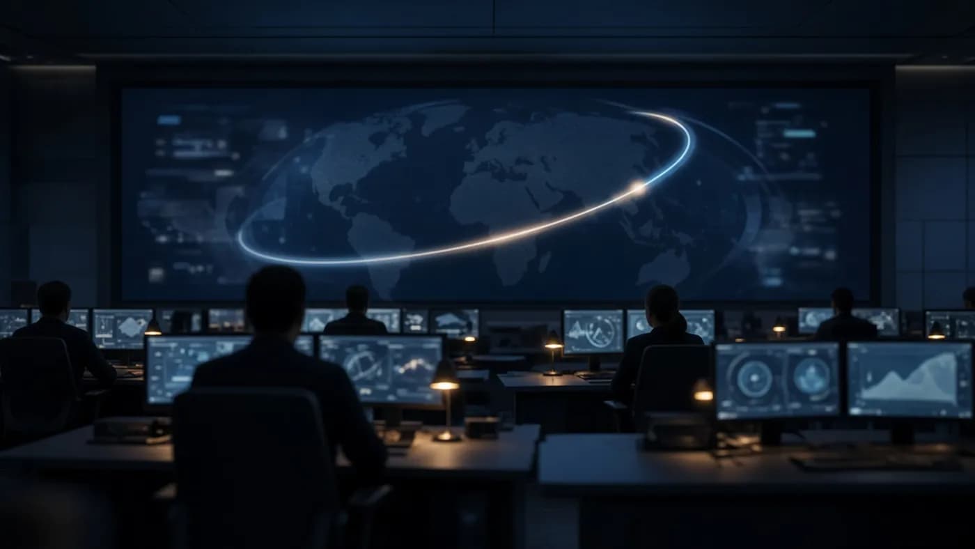 A dim mission control room with engineers at consoles facing a wall display of a glowing orbital track