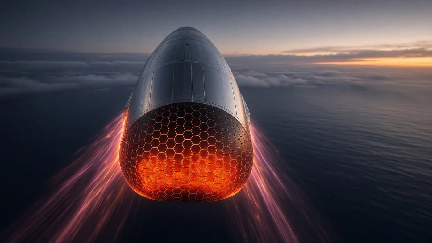 A stainless-steel spacecraft glowing orange during atmospheric reentry, heat-shield tiles lit and plasma streaming behind