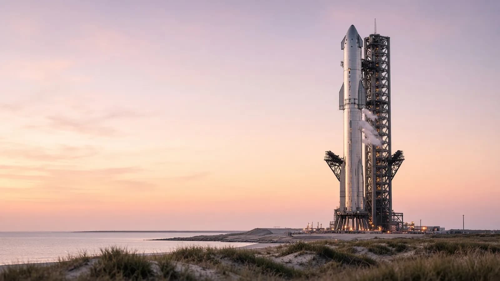 A giant stainless-steel two-stage rocket stands beside its launch tower on a coastal launch site at dawn