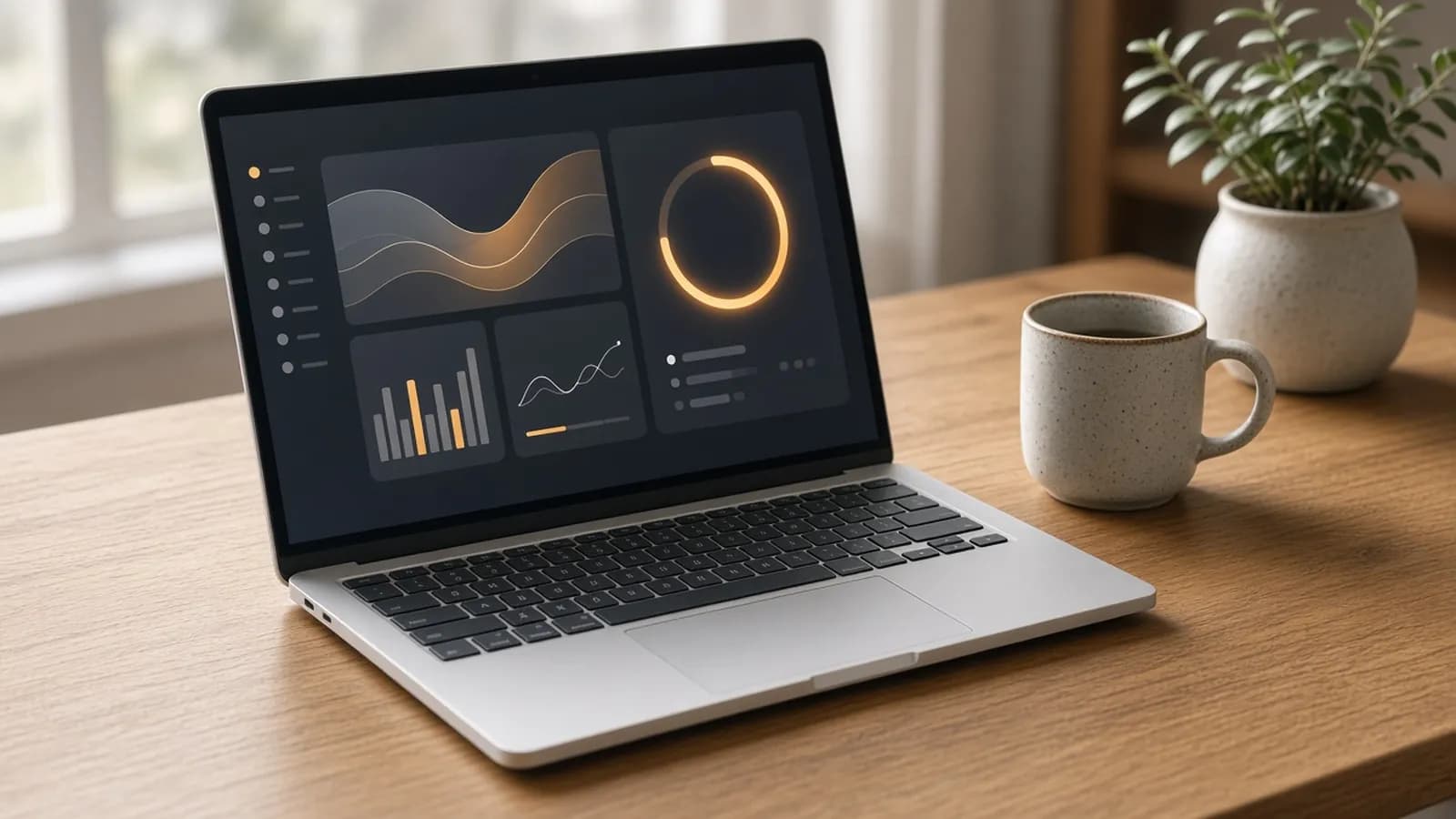 An open silver laptop on a warm oak desk showing an abstract performance dashboard with an amber progress ring, next to a mug and a small plant