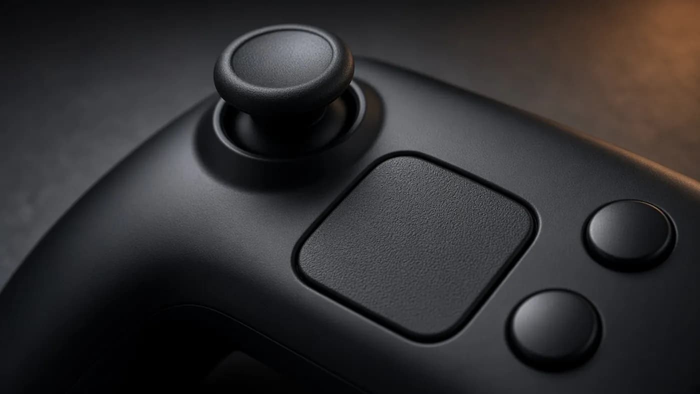 Close-up of a black gamepad's concave thumbstick above a recessed square touchpad with a matte texture, next to two round face buttons
