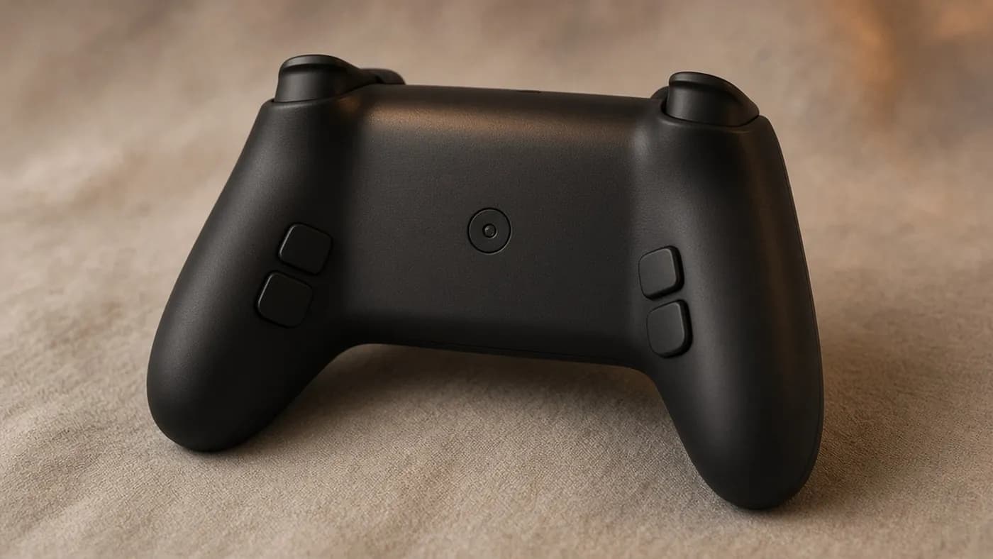 The back of a matte black gamepad lying face down on linen, showing two small buttons on the inside of each grip and a round magnetic contact