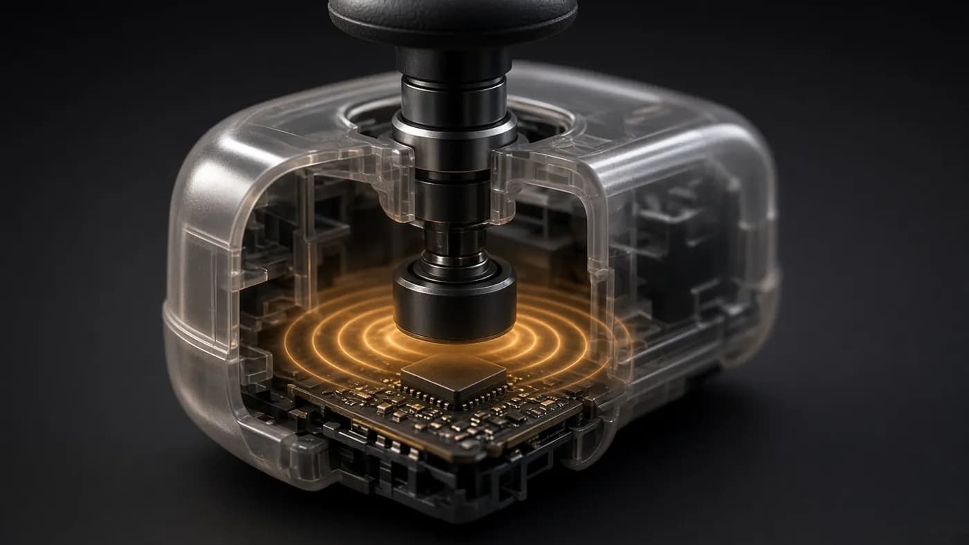 Concept cutaway of a thumbstick module showing a magnet at the base of the stick shaft floating above a sensor chip with a soft amber glow