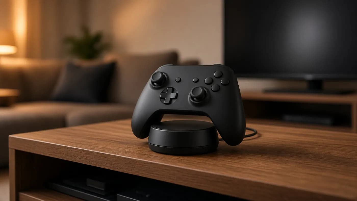 A black gamepad resting on a round black charging puck on a wooden TV console, with a softly blurred sofa and TV behind it