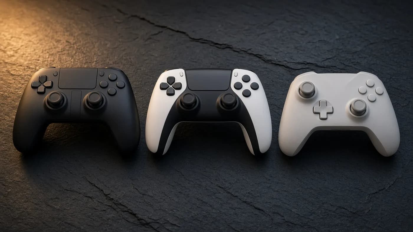 Three unbranded gamepads in a row on dark slate: a black pad with a wide touchpad, a white and black pad, and a light gray pad with offset sticks