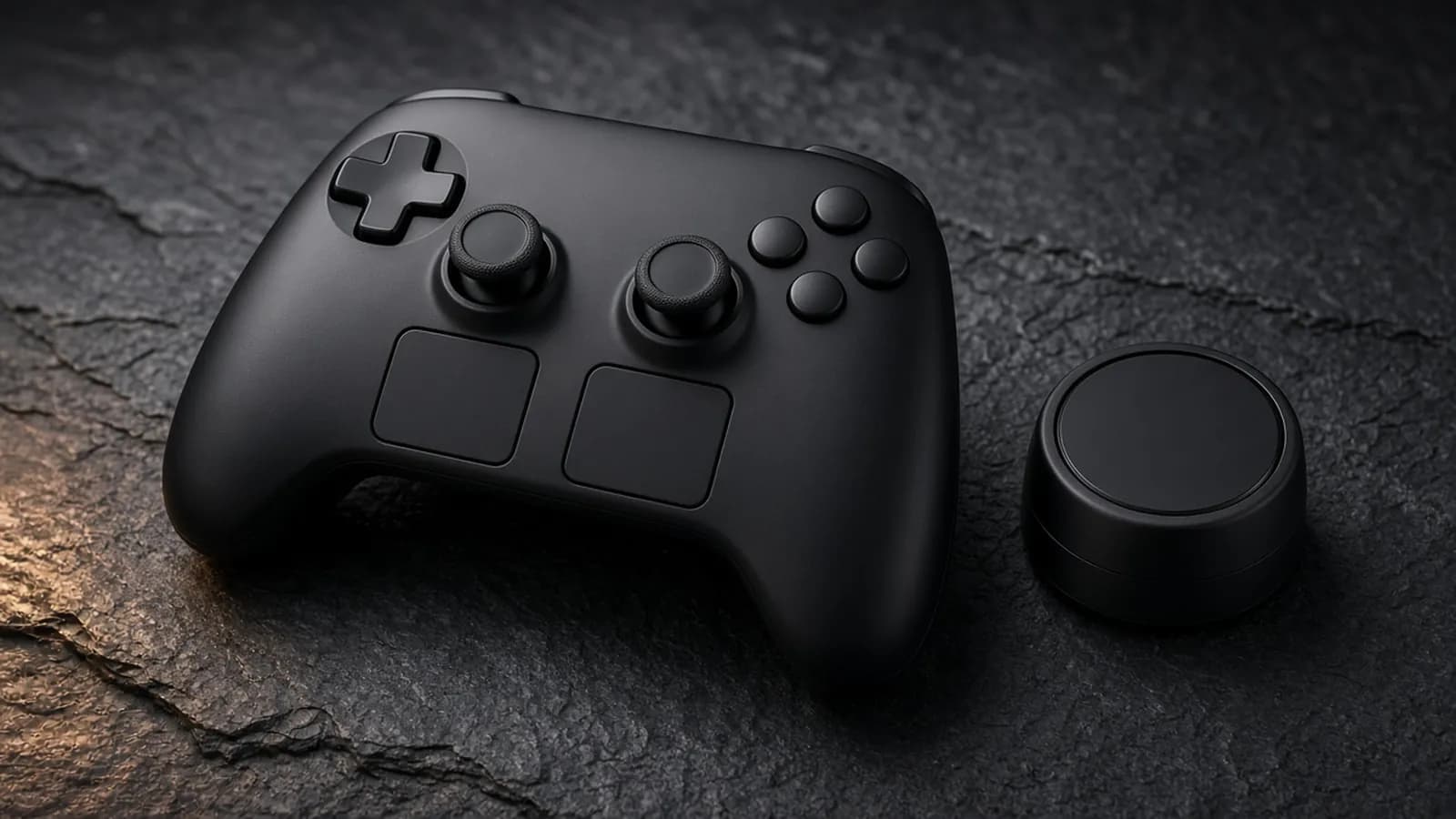 A matte black gamepad with two thumbsticks above two square touchpads, next to a round black charging puck on dark slate