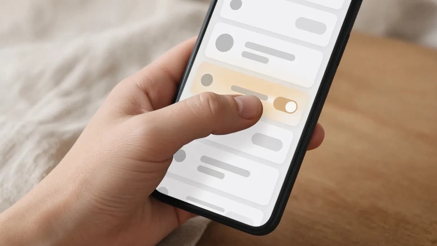 Close-up of a thumb switching off a toggle on an abstract smartphone settings screen, step three of the ChatGPT Data Controls opt-out
