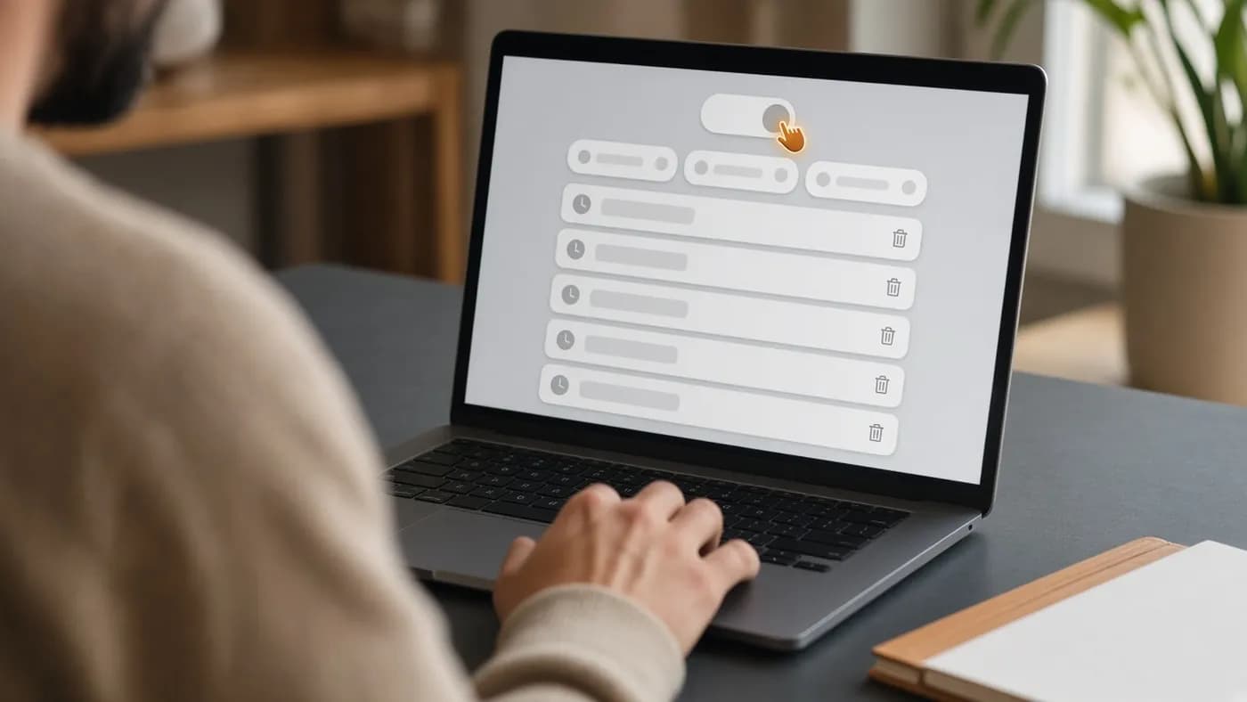 Over-the-shoulder view of a laptop showing an abstract activity history list with a trash icon beside each item and a toggle at the top being switched off