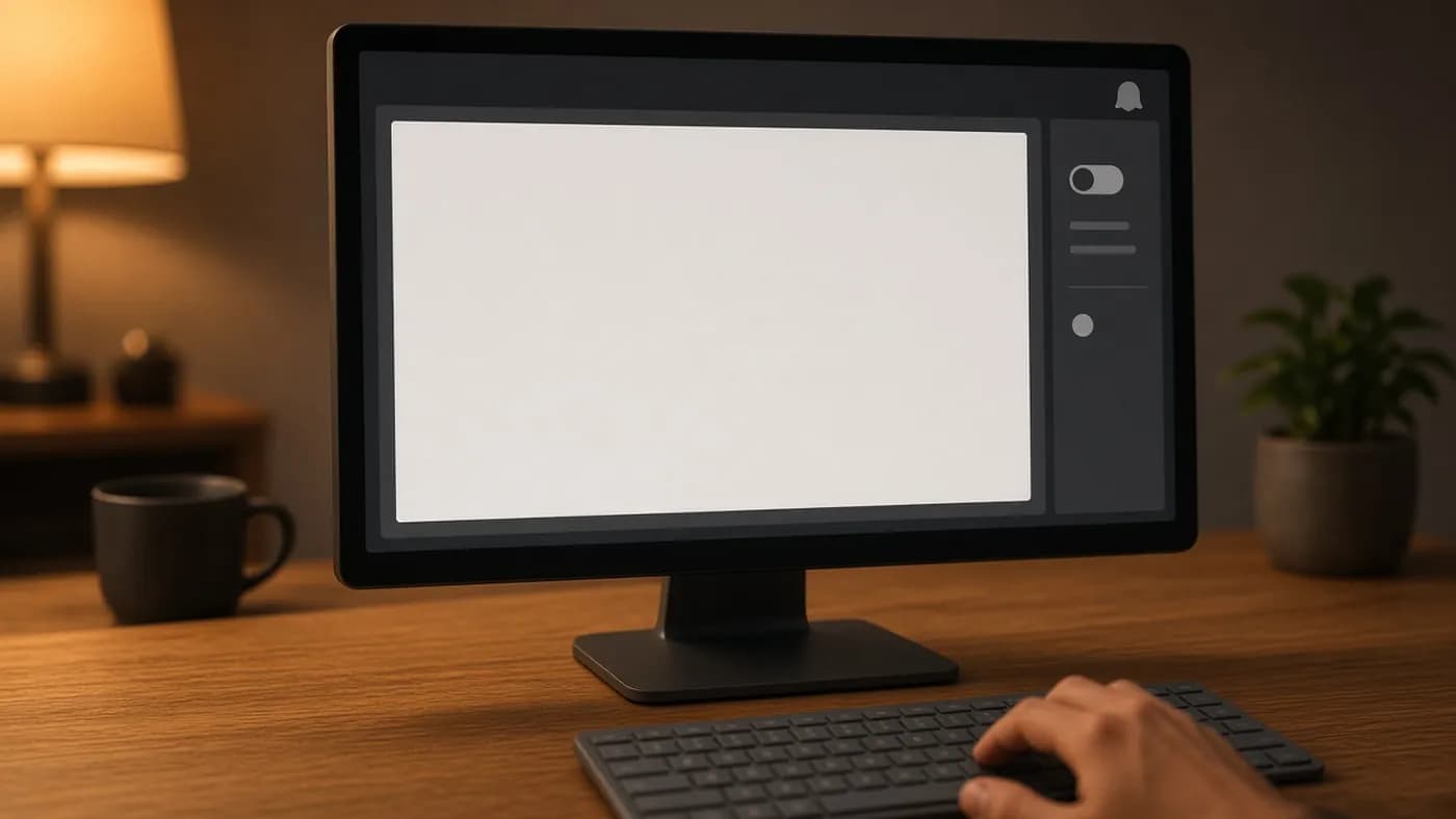 A desktop monitor showing an abstract chat window framed by a dark border with a small ghost icon in the corner and a settings panel with its toggle switched off