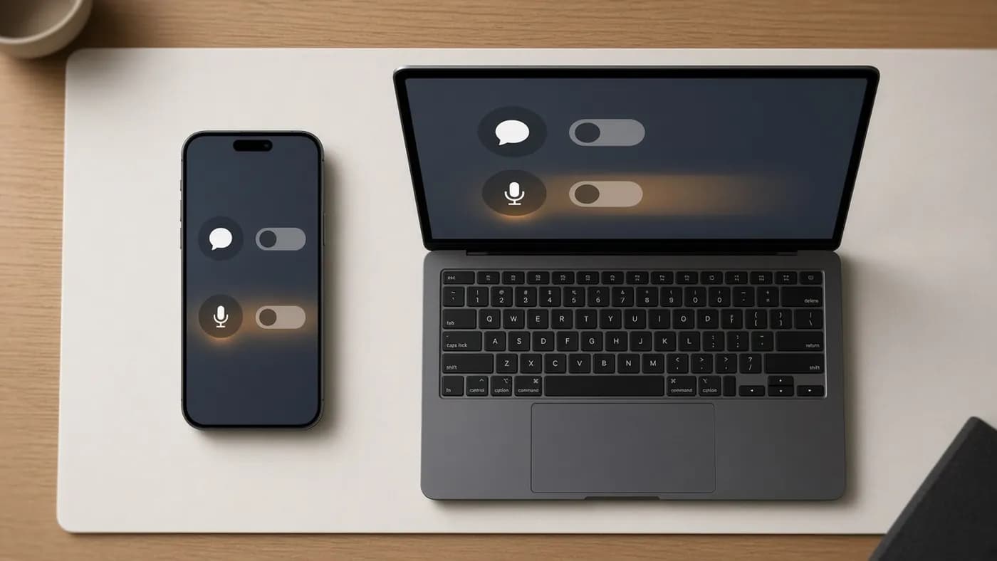 A smartphone and a laptop side by side, each showing an abstract privacy menu with a speech-bubble toggle and a microphone toggle both switched off