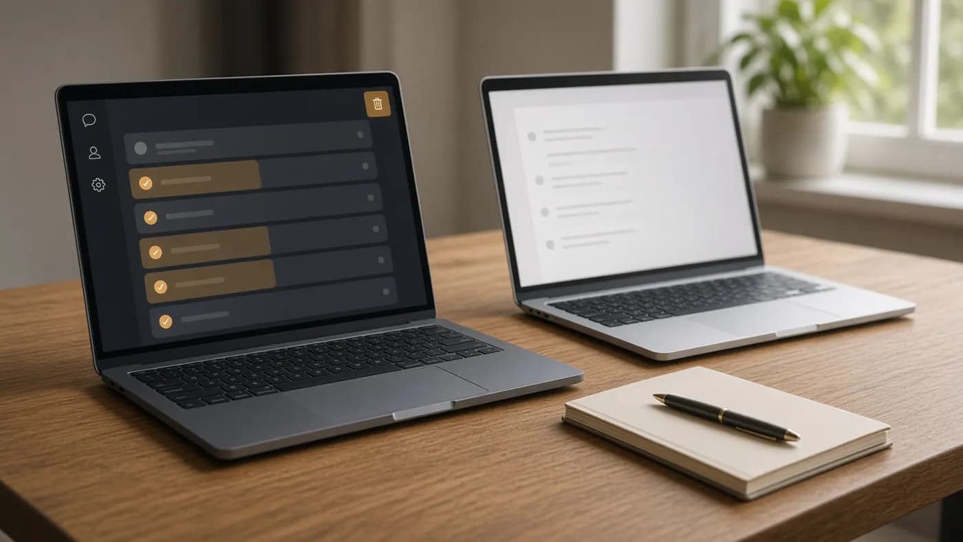 Two laptops kept separate on an oak desk, one for work and one personal, with the nearer screen showing abstract chat history cards selected for deletion