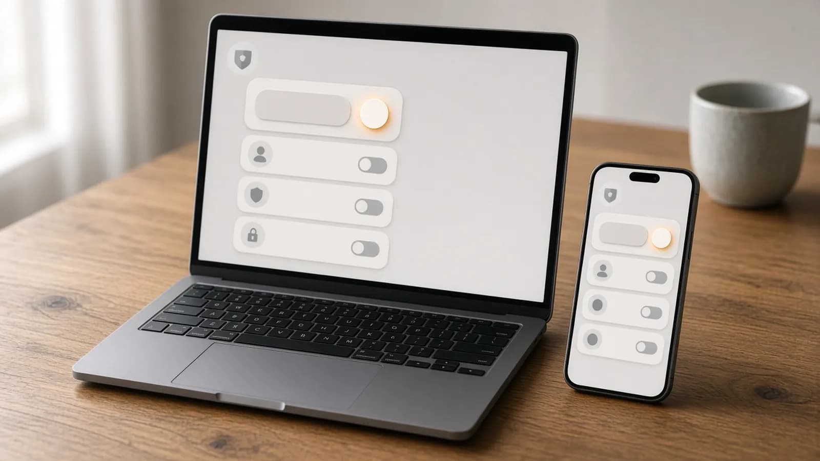 A laptop and smartphone on a warm oak desk, both showing an abstract privacy settings screen with a highlighted toggle switched off
