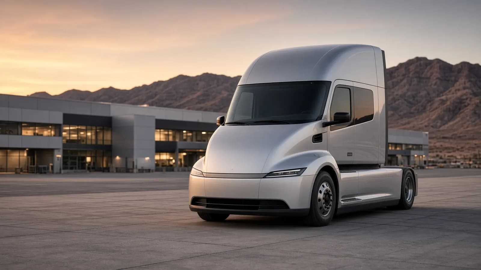 A silver aerodynamic electric semi truck tractor parked in front of a modern factory at dusk with desert hills behind